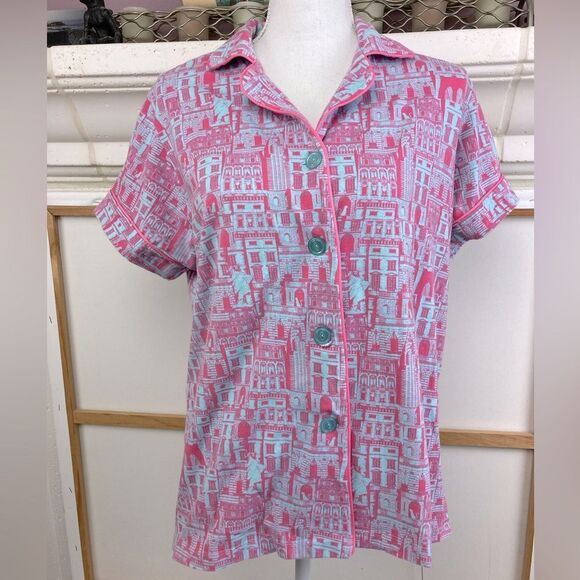 BedHead VTG NYC Print Pink and Blue PJ  Top skyline, Statue of Liberty, & cat - Picture 1 of 13
